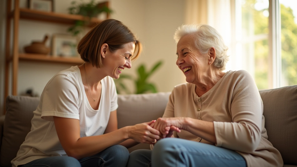 Adult daughter assisting elderly parent with daily tasks and care at home