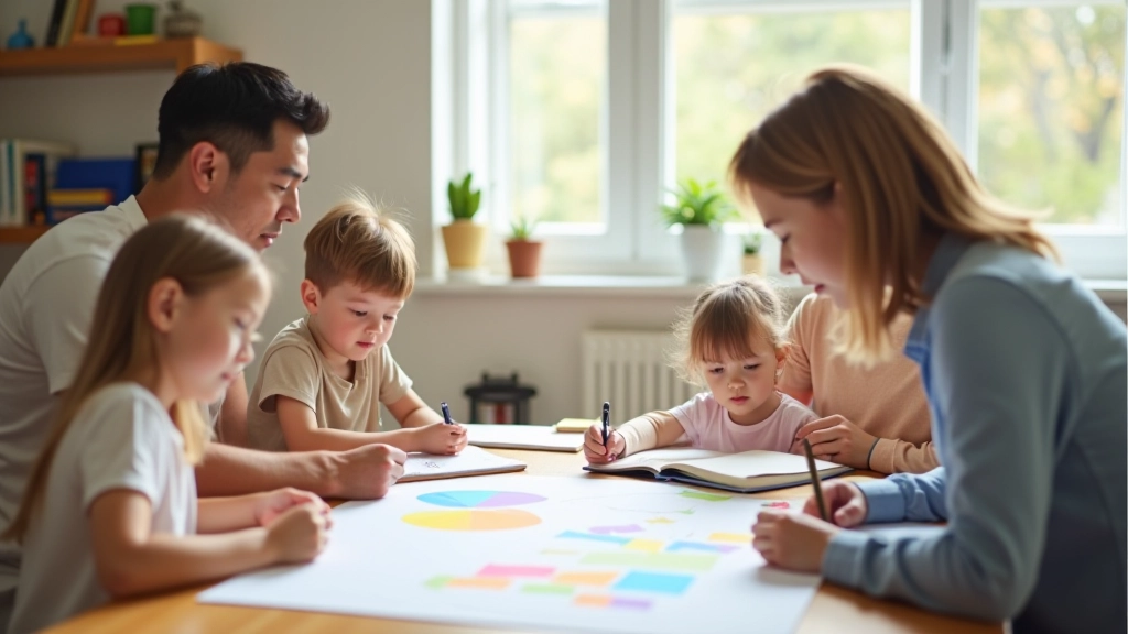 Family of four with mixed ages discussing childcare options and family planning together