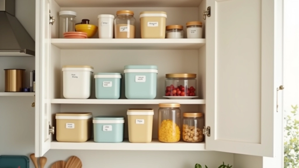 Organized kitchen cabinet with neatly arranged cleaning supplies and household items in clear containers